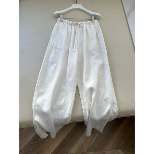 White Ramie Linen Straight Leg Wide Pants for Women, Summer Set, Slimming and Comfortable, Elastic High-Waist Cotton Linen Casual Long Pants