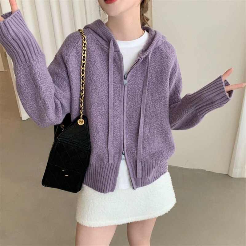 Tianyike solid-color Korean-style hooded knit cardigan for women, 2026 autumn/winter new collection, double-zipper short sweater jacket for women Tianyike solid-color Korean-style hooded knit cardigan for women, 2026 autumn/winter new collection, double-zipper short sweater jacket for women