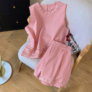Real Shot of Lace Embroidered Ramie Vest Suit for Women Summer New Style High-End Simple Casual Temperament Shorts Two Pieces…