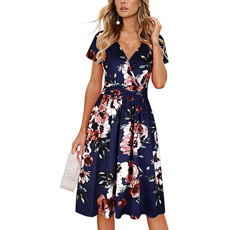 2023 Summer Amazon Cross-border Supply Women's New Retro Printed V-Neck Chest Wrap Slimming Dress