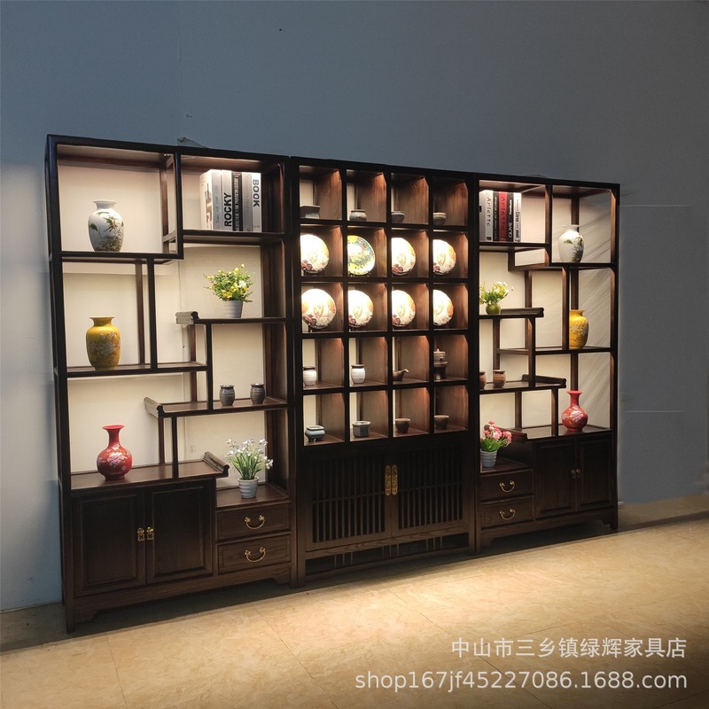 榆木新中式茶叶展示架实木多宝阁简约现代客厅隔断书柜茶酒博古架|undefined