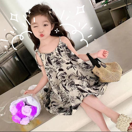 Watercolor Painting Girl Cute Floral Dress Children Tank Top Princess Dress Soft and Comfortable Tank Dress