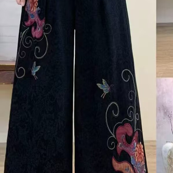 2026 Spring New Elastic Waist Plus Size Slimming Straight Pants Solid Color Ethnic Style Embroidery Patchwork Cotton Linen Wide Leg Pants