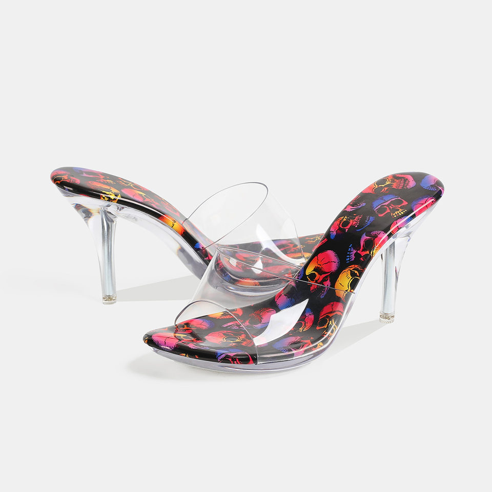 Giày sandal nữ quai ngang gót nhọn siêu cao lộ ngón chân, đế trong suốt pha lê nhiều màu, form rộng — trắng, đen chi tiết 4