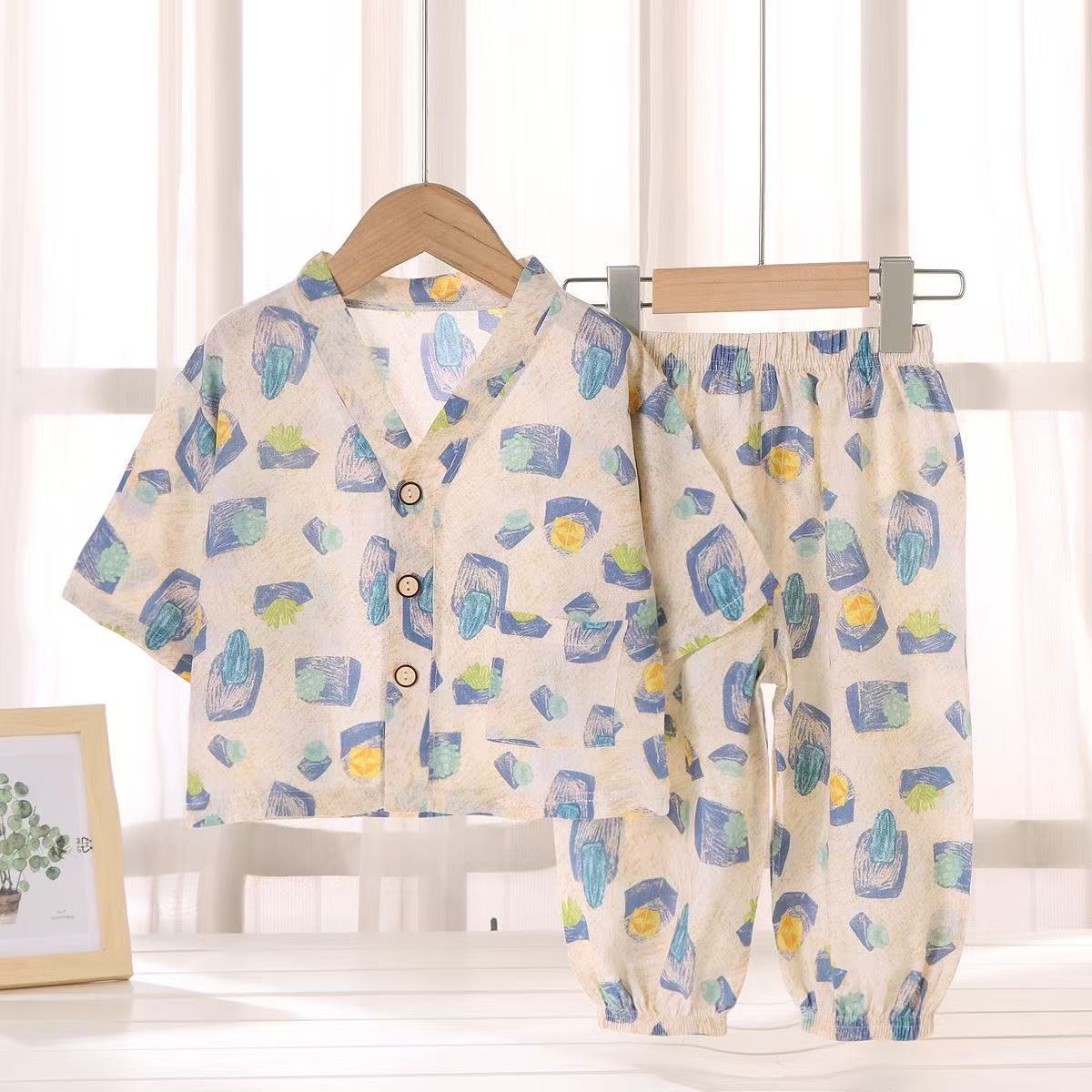 儿童绵绸睡衣套装夏季人造棉空调服男女童棉绸家居服两件套童装