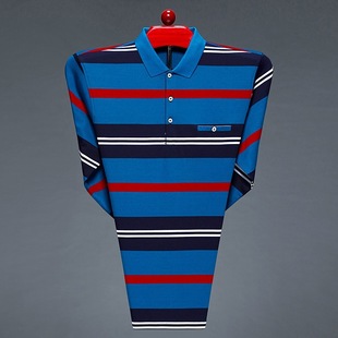 Middle-aged and elderly men's striped long-sleeved T-shirt lapel spring and autumn casual loose dad's polo shirt bottoming shirt men