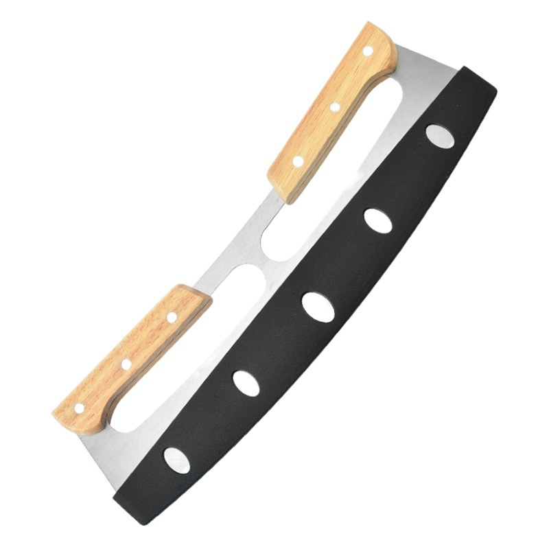 Cruzar la frontera doble mango cortador de pizza mango de madera semicírculo Pizza Rock cuchillo cortador de pizza de Acero Inoxidable marca nueva cubierta protectora