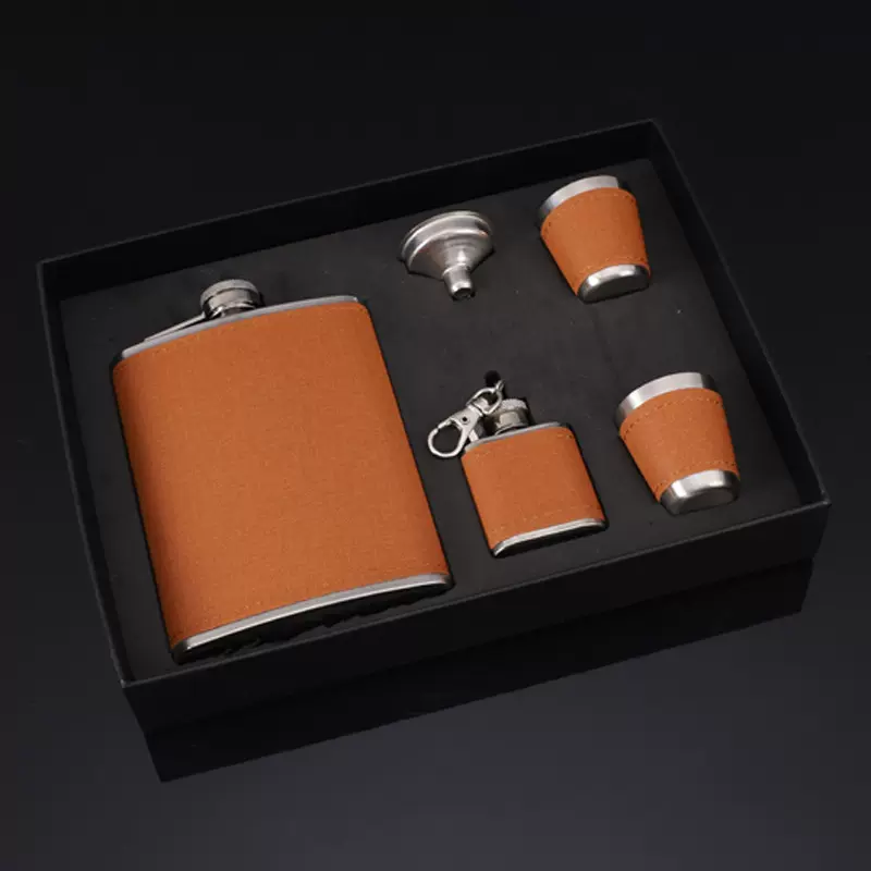 橙色包皮酒壶套装8oz不锈钢酒壶礼盒套装酒具户外便携批发礼物