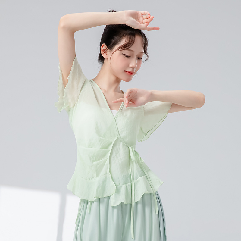 古典舞纱衣新款飞袖前捏褶系带上衣飘逸训练形体服练功舞蹈服上衣|undefined