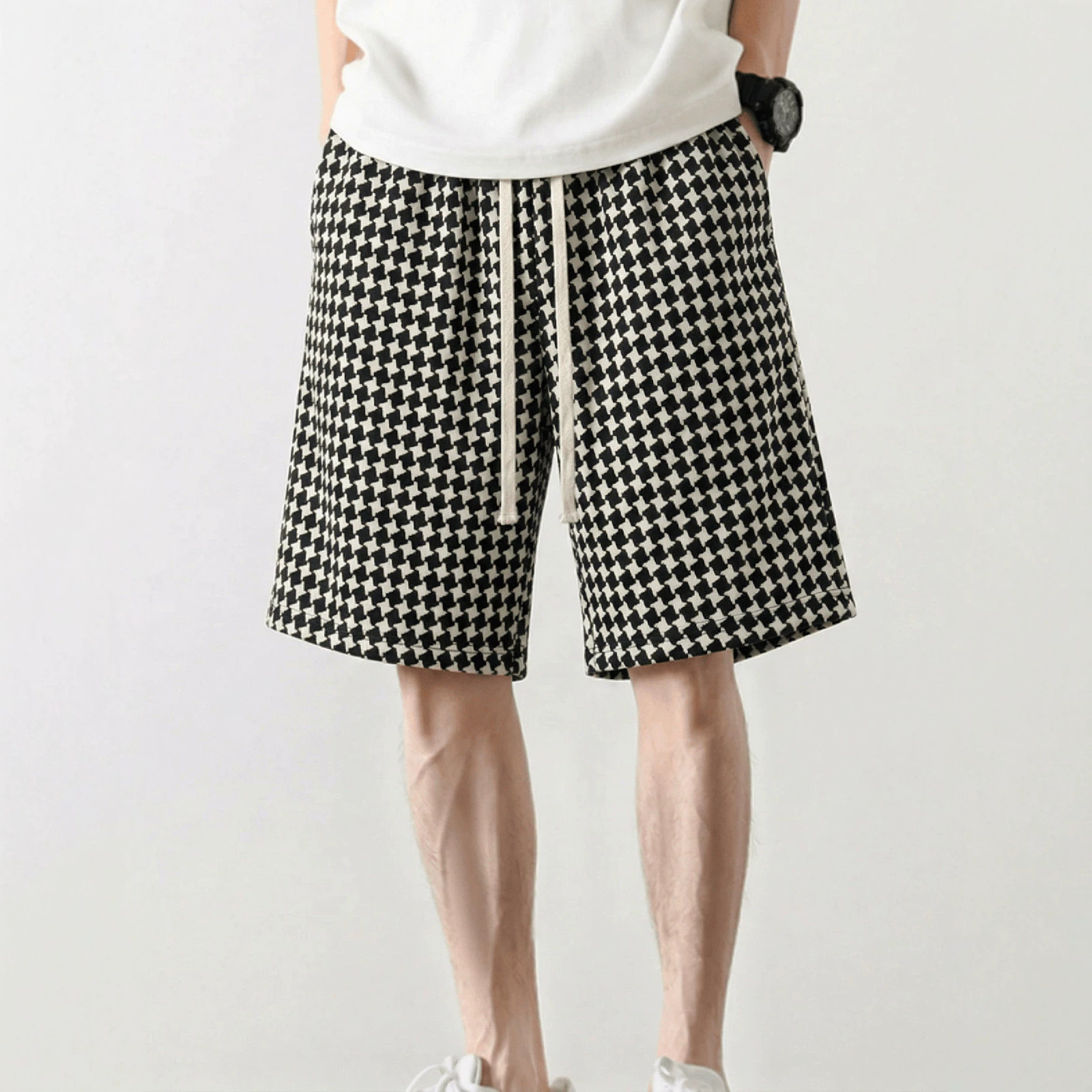 Men's Houndstooth Print Shorts Summer Thin Style Casual High Street Retro Loose Straight Leg Five Pocket Pants_viptrois.com