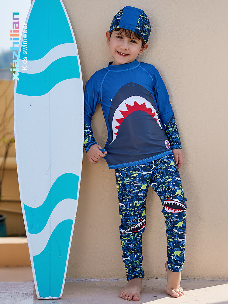Foreign trade children's swimsuit boys' shark split long-sleeved trousers sun protection quick-drying boys' swimming trunks suit for big children