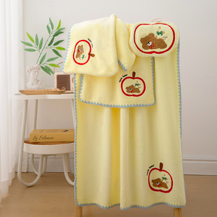 Cartoon Apple Bear Towel Bath Towel Shower Cap Three-Piece Set Water-Absorbent Soft Face Towel Coral Velvet Thickened Hair Drying Cap