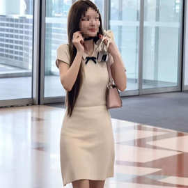 赵露思同款白色连衣裙女高级感显瘦针织裙polo领蝴蝶结绝美小裙子