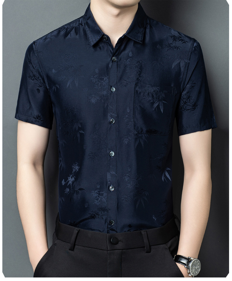 Áo sơ mi nam ngắn tay lụa satin cao cấp, phong cách công sở — Da đen26618 chi tiết 10