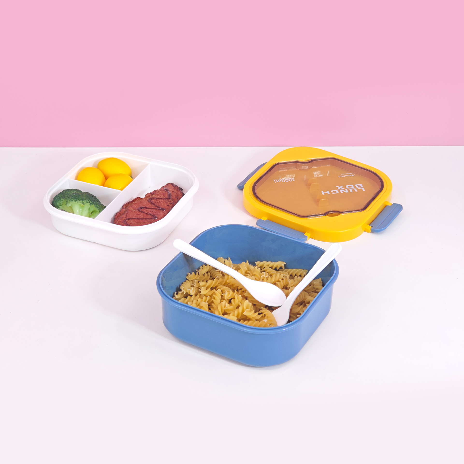 Lonchera de plástico de doble capa y tres compartimentos, muy vendida al por mayor, para estudiantes y trabajadores de oficina, lonchera cuadrada portátil de PP, lonchera para el hogar.