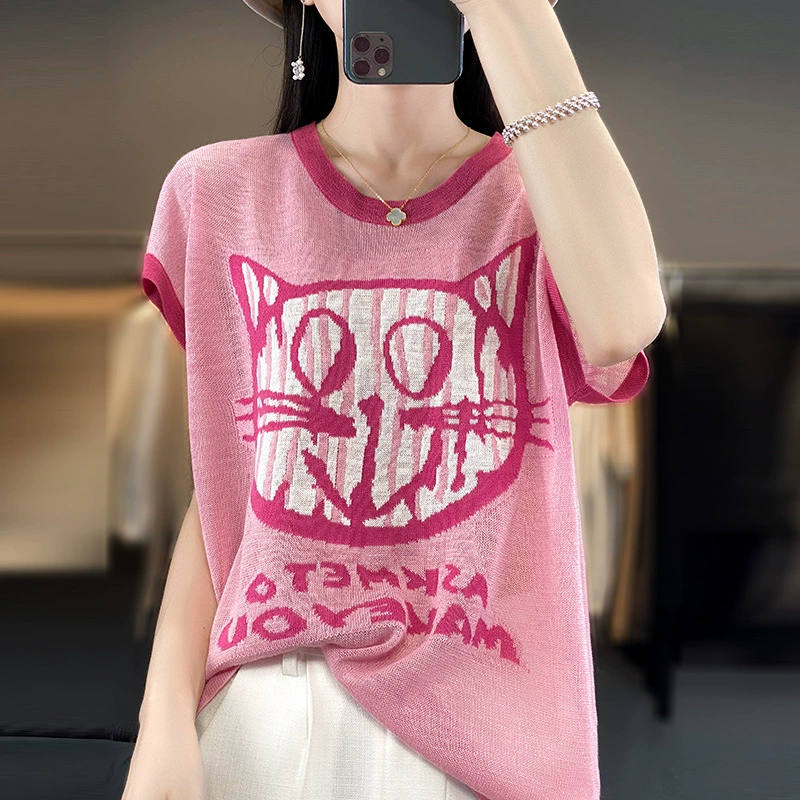 2024 Новый бамбуковый фестиваль с круглым вырезом трикотажный свитер с короткими рукавами футболка женская ультратонкая контрастная рубашка с принтом