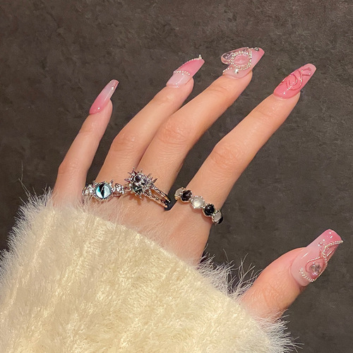  niche design bat cat's eye stone black and white gemstone open ring for women ins cold style French finger