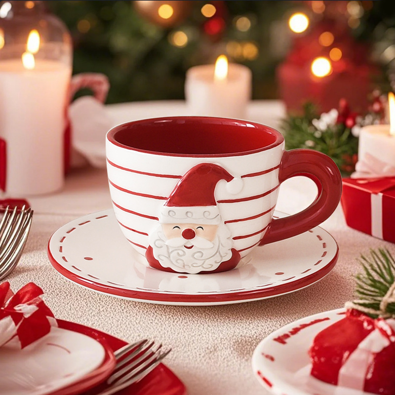 Papá Noel de cerámica taza de café plato conjunto de regalo creativo tetera en relieve de taza de té plato de té