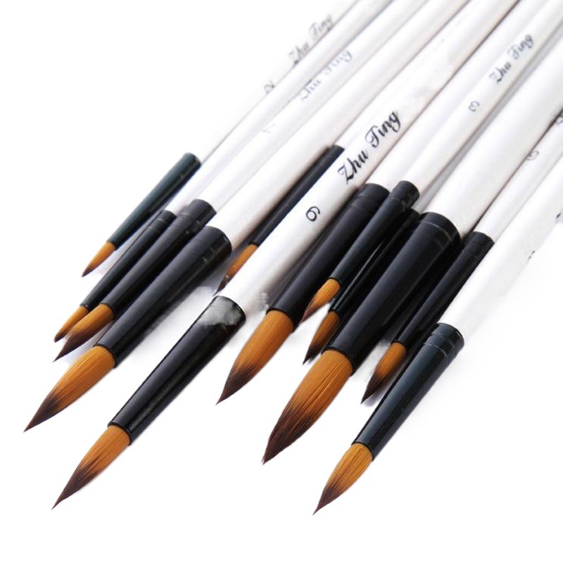 Ventas directas de fábrica 12 Shell blanco varilla acuarela pluma Traje de dos colores de pelo de nylon señaló cepillo suministros de arte