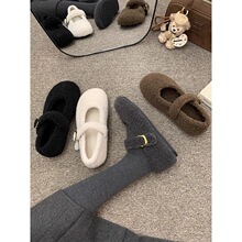 灰色玛丽珍毛毛鞋女冬外穿新款韩版呢子单鞋女平底加绒保暖棉鞋子