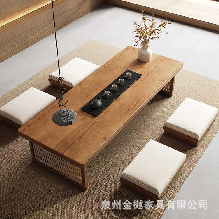禅意榻榻米茶桌实木茶台茶几用地台坐地飘窗炕桌中式矮长桌|undefined