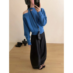 韩系清新简约纯色舒适软糯设计感飘带针织衫休闲百搭宽松显瘦上衣