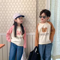 童T恤2024春款男童女童韓版小熊字母印花T恤兒童長袖圓領拼色打底