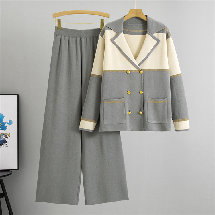 GraceChic Elegant Suit Collar For Women 2025 Spring And Autumn New Color Block Double-Breasted Knitted Top Wide-Leg Pants_voghion.com
