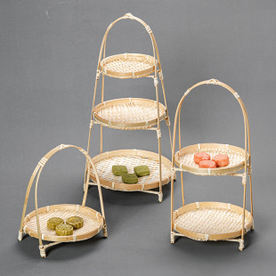 Bamboo small basket new Chinese tea tray multi-layer bamboo tray decoration round dessert table snack cake display stand