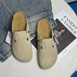 勃肯鞋女夏2025懒人包头厚底一脚蹬半拖鞋头层牛皮可复古风可外穿