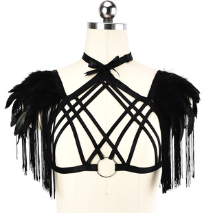 Jianhong foreign trade sexy lingerie harness three-point feather tassel hollow back bra O0707 black