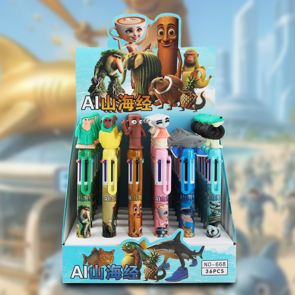 Montañas y mares de seis colores lápiz de dibujos animados palo de madera hombre pluma multicolor lápiz de bola de alto valor de color estudiantes de primaria escritura al por mayor