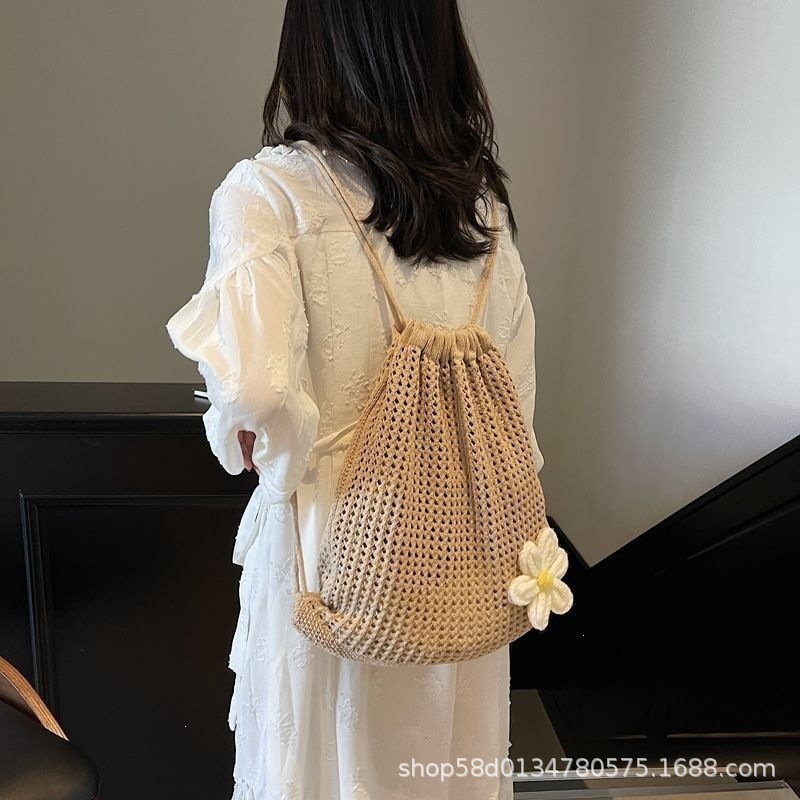 Simple Casual Knitted Backpack for Women 2025 New Fashion Drawstring Woven Backpack Spring and Summer Versatile Beach Bag