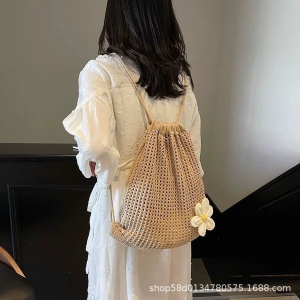 Simple Casual Knitted Backpack for Women 2025 New Fashion Drawstring Woven Backpack Spring and Summer Versatile Beach Bag