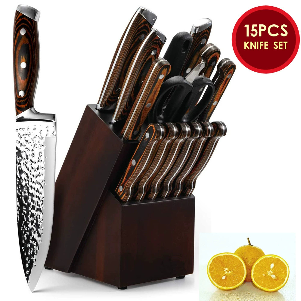Cuchillo de cocina transfronterizo martillo forjado cuchillo de cocina cuchillo de madera cuchillo de cabeza de acero 15 piezas cuchillo de cocina cuchillo de corte de carne
