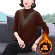 中老年妈妈半高领薄绒长袖德绒T恤女秋冬新款加厚保暖时尚打底衫