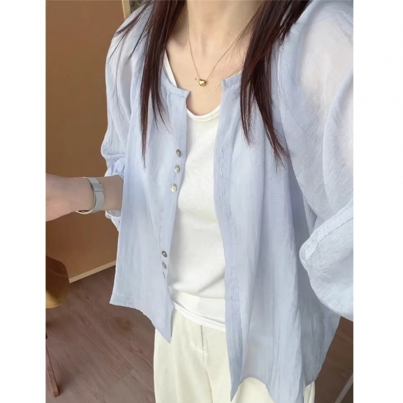 女性用日焼け止めシャツジャケット、夏用軽量カーディガン、ゆったりとした万能な長袖シャツ、ノーカラーショートトップ|undefined