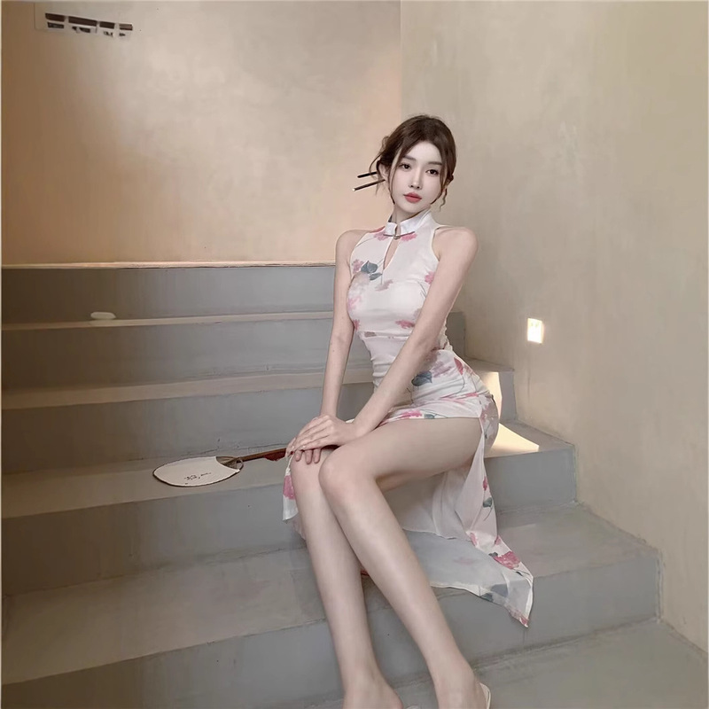 Spicy Girl Chinese Style New Chinese Dress Autumn Retro Tight-Fitting Daily Improved Cheongsam Women's High Slit Mesh Long Skirt