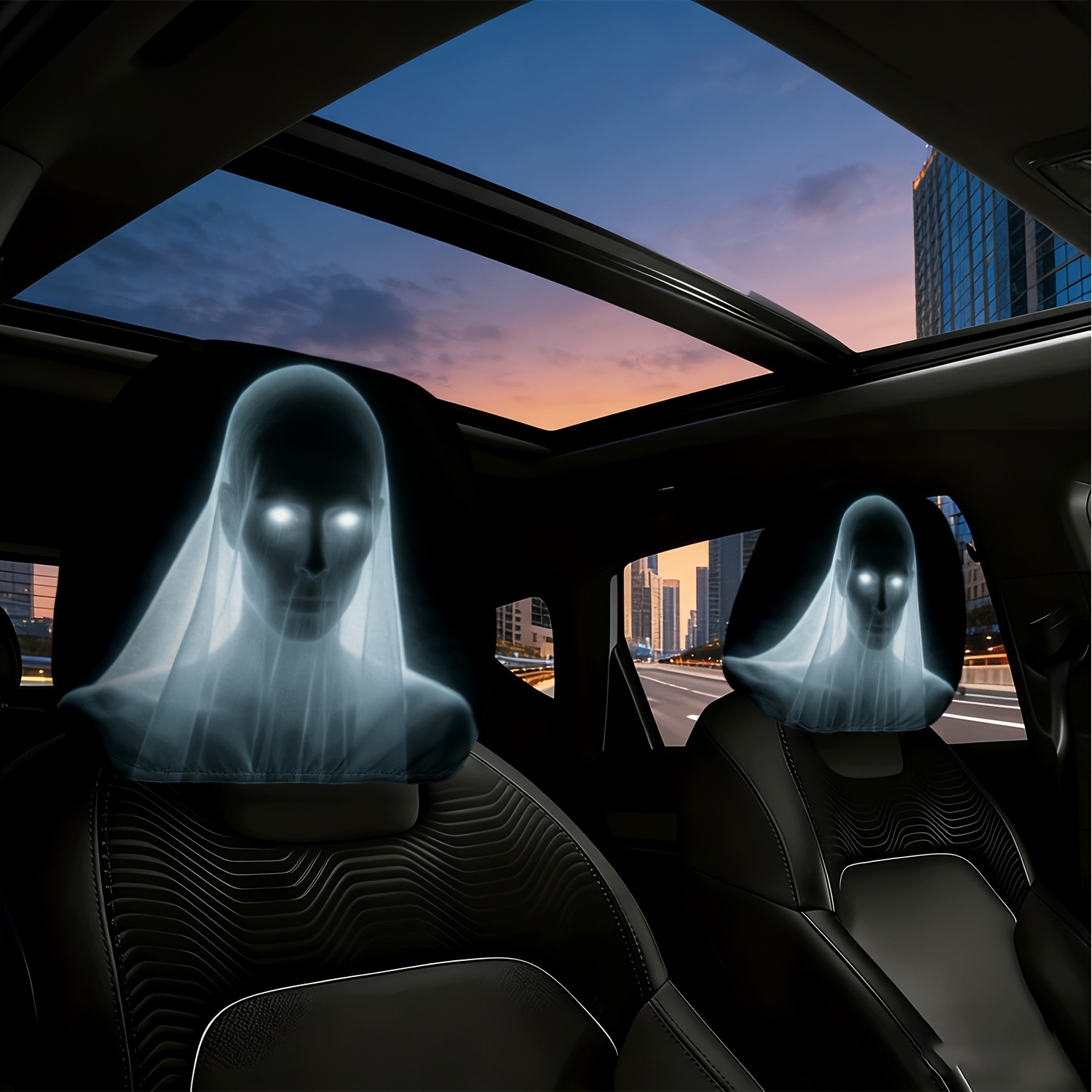 Car Headrest Cover with Ghost Bride and Glowing Eyes, Personalized Print, Universal for Car Interiors, Can Be Labeled and Shipped on Behalf of Others, Made According to Your Image