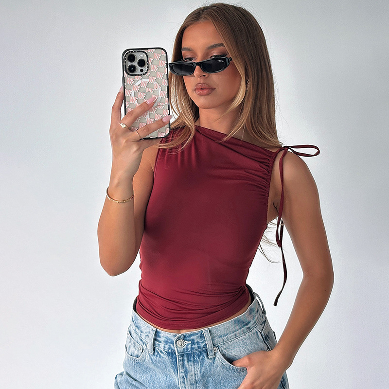 202 Winter New Fashionable Unique Asymmetrical Neck Drawstring Tie Sleeveless Ruched Crop Top Wholesale_voghion.com