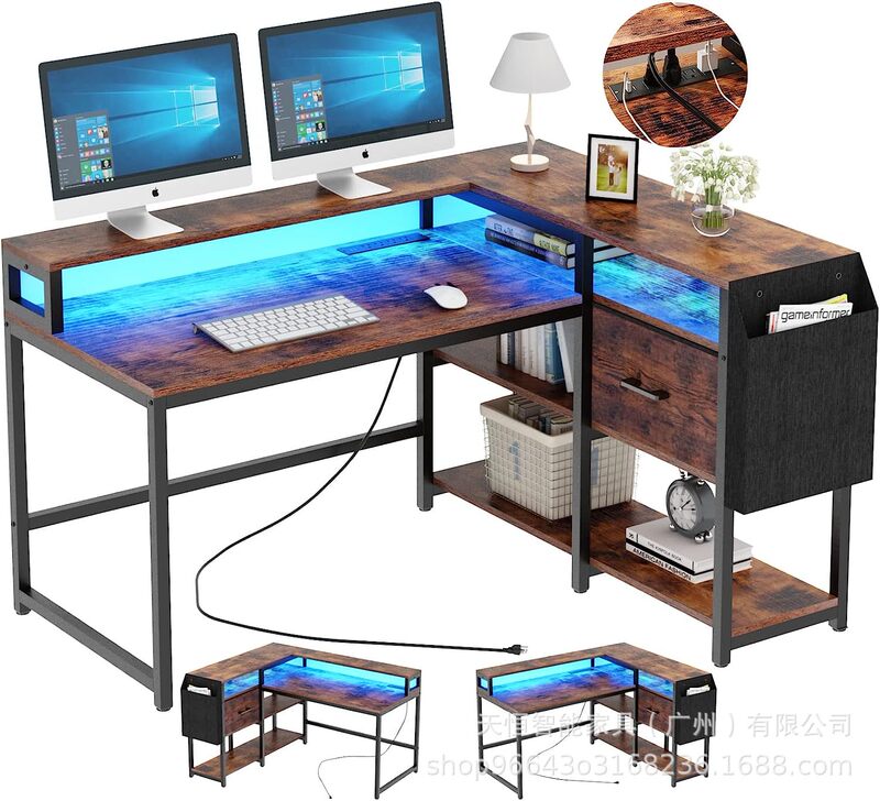 L-Shaped Computer Desk with Led Light Bar and Power Strip Reversible Corner Desk with Drawer Customizable