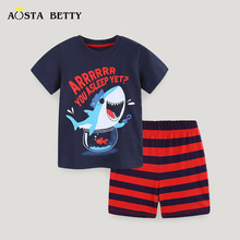 夏季男童套装卡通鲨鱼印花圆领短袖两件套欧美风格中小童短裤套装