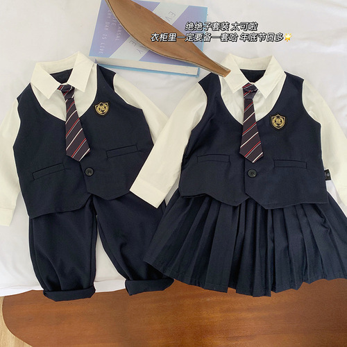 Tongchenchenma girls' college style fake two-piece suit autumn children's boys' long-sleeved shirts, trousers and pleated skirts