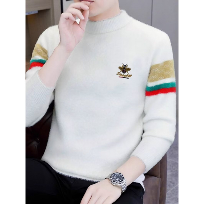 Otoño y invierno, suéter bordado de cuello medio alto, ropa de fondo casual para hombres, tendencia japonesa, jersey de punto simple y guapo.