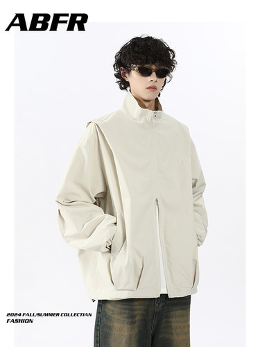 American functional style cream-colored cut men's autumn high-end pilot pleated work jacket combat coat