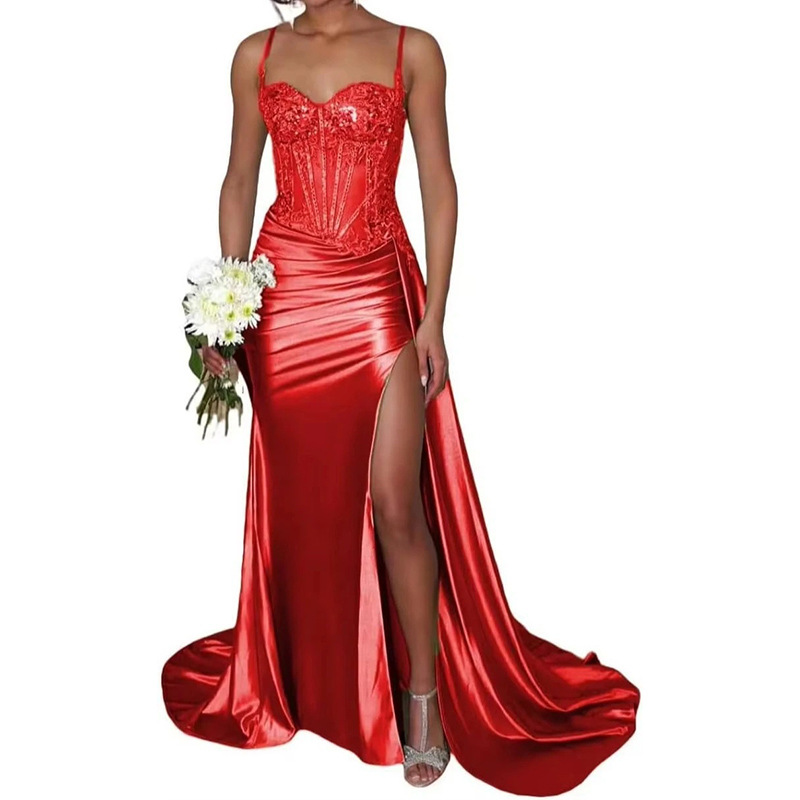 Vestido de noche sexy dividido de satén Vestido largo de tubo transfronterizo europeo y americano con cintura de espina de pescado Vestido delgado Falda larga image 20
