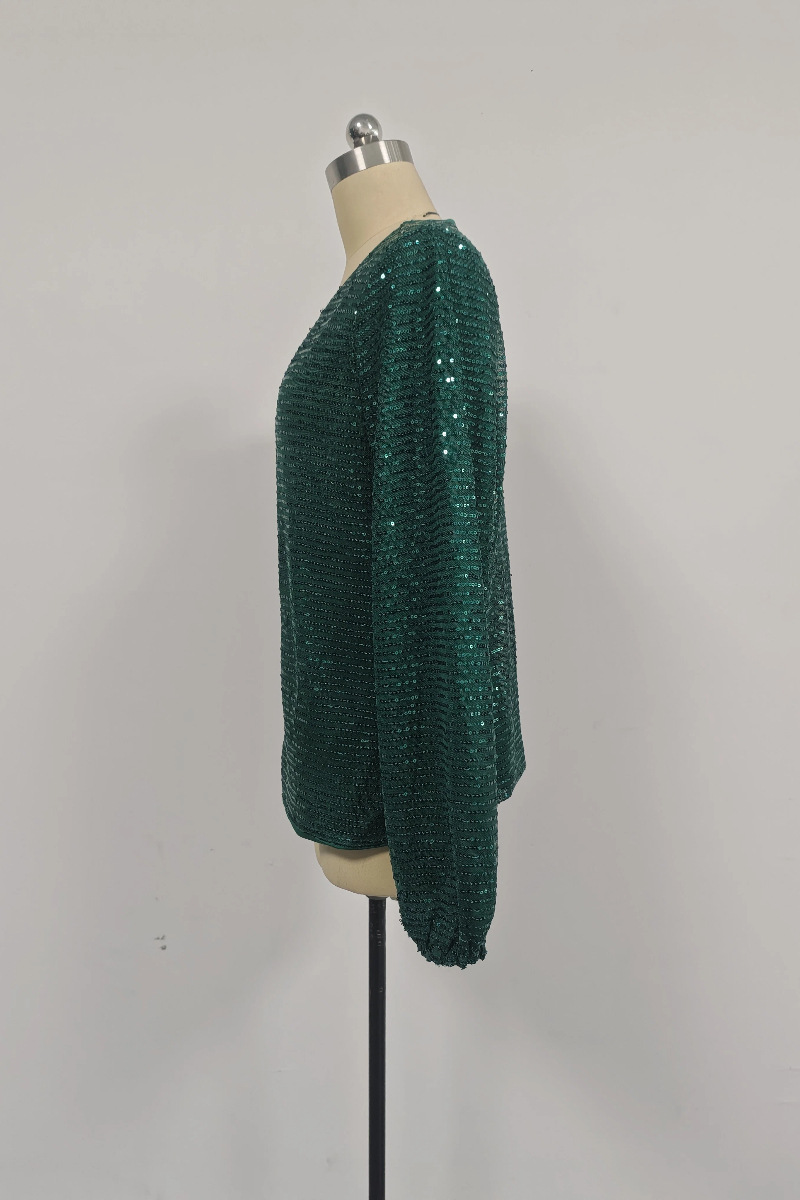 Elegant Women's V-neck Sequin Tunic Top, Long Sleeve Glitter Tee_voghion.com