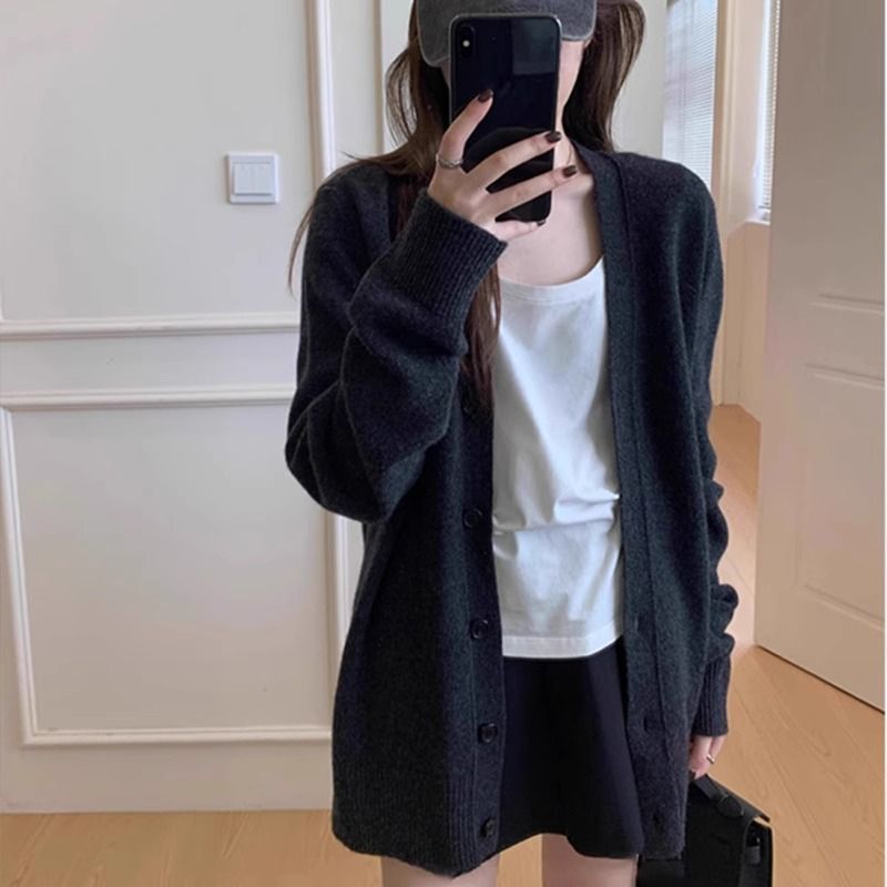 黑色针织开衫女秋冬小个子休闲宽松慵懒风外搭毛衣外套中长款上衣