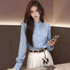 H26015超好看蓝色宽松碎花正肩衬衫上衣女2026新款春季独特漂亮长