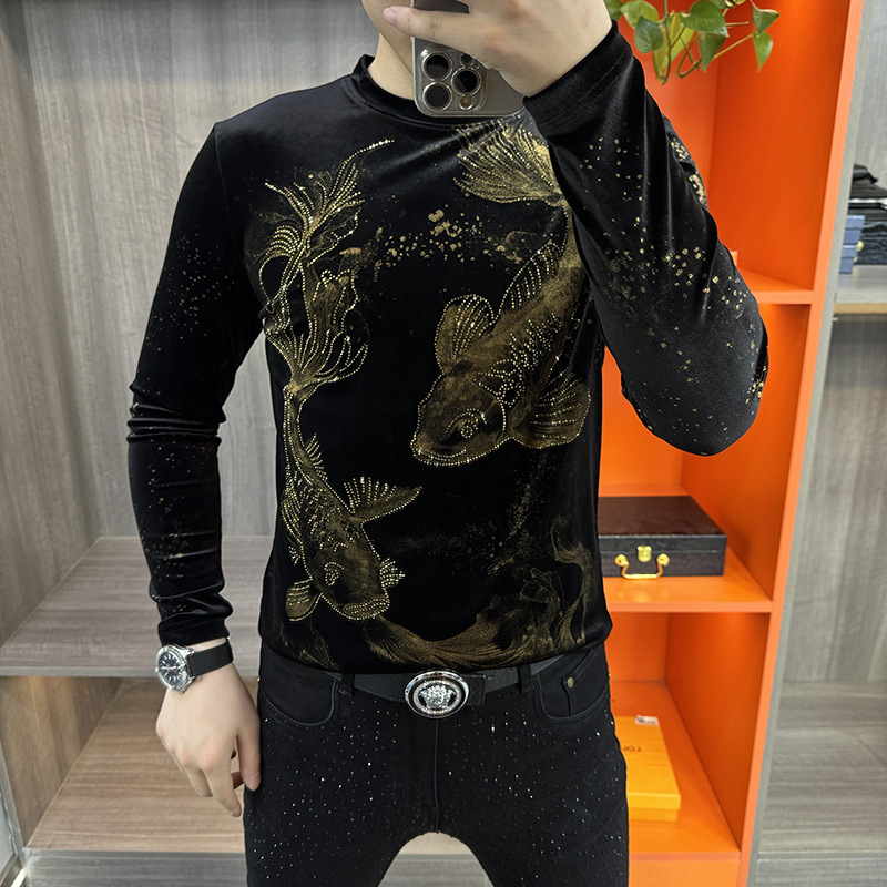 New European Gold Velvet T-shirt Handsome Fashion Round Neck Casual Sweater Trendy Base Shirt Men's Long Sleeve Top